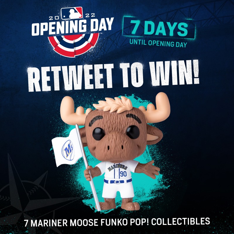 Mariners's tweet photo. 🚨 RT to WIN 🚨  

7️⃣ days until Opening Day! But who’s counting? Retweet for a shot to win one of seven @MarinerMoose Funko Pop! collectibles. #SeaUsRise