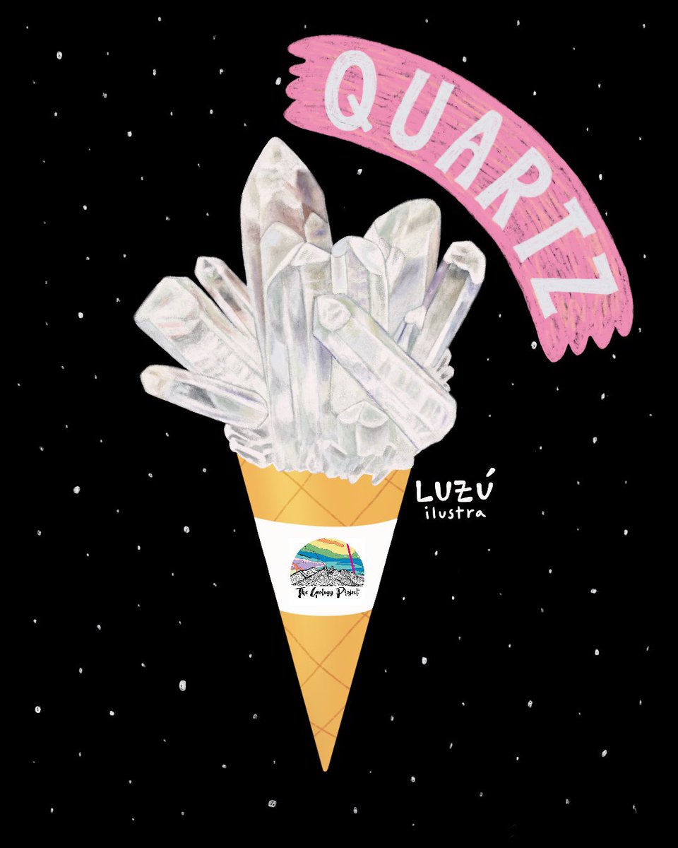 geologyproject's tweet photo. Here’s a scoop of one of the most common #minerals🍦👏🏼 You may also know it for its variations like Amethyst, Agate, Jasper or Citrine. #Quartz is the #7 in the Mohs scale and it can be found in all types of rocks &amp; environments!🌋🏝🌎 🤯#GeologyArt #GeoArt 
Art by: @LuzuIlustra https://t.co/TtQLuG5Pao