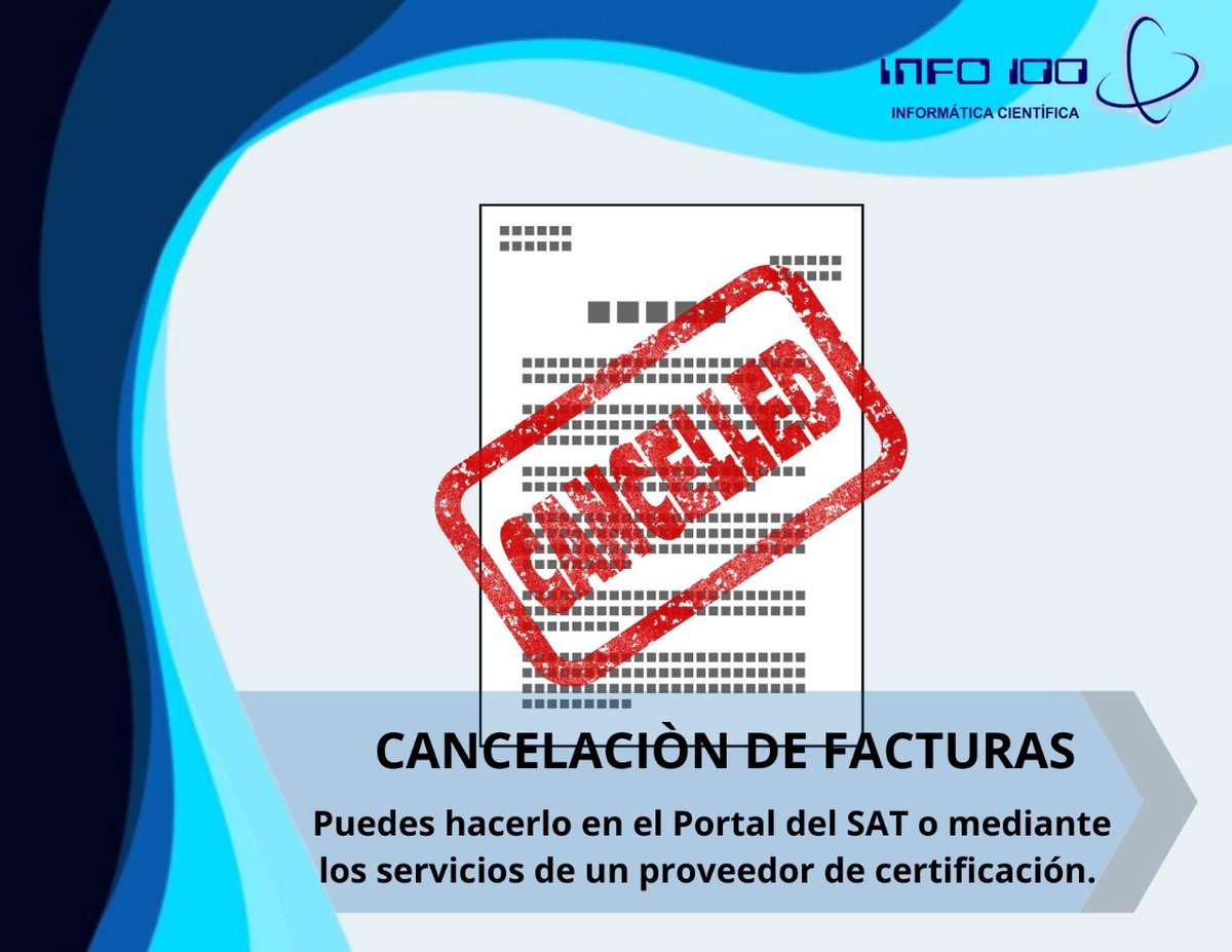 Info100's tweet photo. Proceso para cancelar factura
1-Emisor envía solicitud de cancelación
2-Requiere aceptación. Receptor recibe mensaje en Buzón Tributario
3-Receptor acepta o rechaza la cancelación en los 3 días hábiles siguientes
4-Cancelación sin aceptación, la factura se cancela inmediatamente https://t.co/a5w71Y60B6