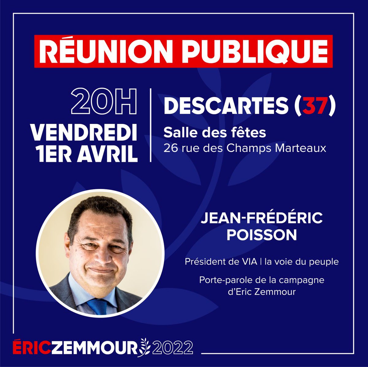 jfpoisson78's tweet photo. L’Indre-et-Loire a le « malheur » de n’avoir à ce jour aucune éolienne. Insupportable aux yeux des promoteurs de cette filière mensongère. Parlons-en demain à Descartes (37) où, foi de Poisson, je serai ce… 1er avril (sans blague !) porté par le souffle de #ZemmourTrocadero. https://t.co/OZUjWZ8ExP