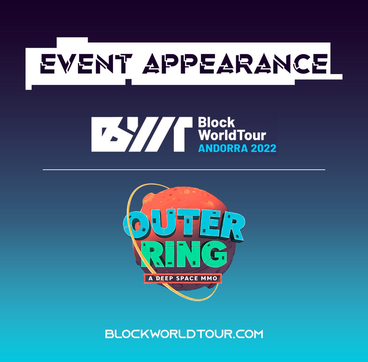 OuterRingMMO's tweet photo. Outer Ring will be present during this week´s @Blockworldtour event in Andorra. 

Our CEO, Daniel Valdés, will talk about gamefi and metaverse on Saturday April 2nd 🕹️🌐

Looking forward to seeing you there! https://t.co/qfeemosQrA