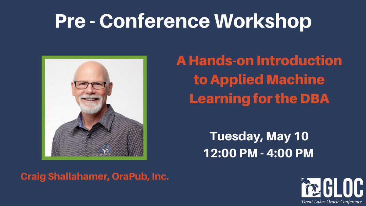 Join <a href="/cshallahamer/">Craig Shallahamer</a> at #GLOCCLE for his pre-conference workshop on May 10. There is lots of talk about how everyone is being impacted by machine learning. But how can those of us in IT use it in our work? #MachineLearning <a href="/oracleugs/">Oracle User Groups</a> <a href="/ViscosityNA/">Viscosity NA</a> <a href="/OraPubInc/">OraPub powered by Viscosity</a> gloc.neooug.org/page/1985920/w…