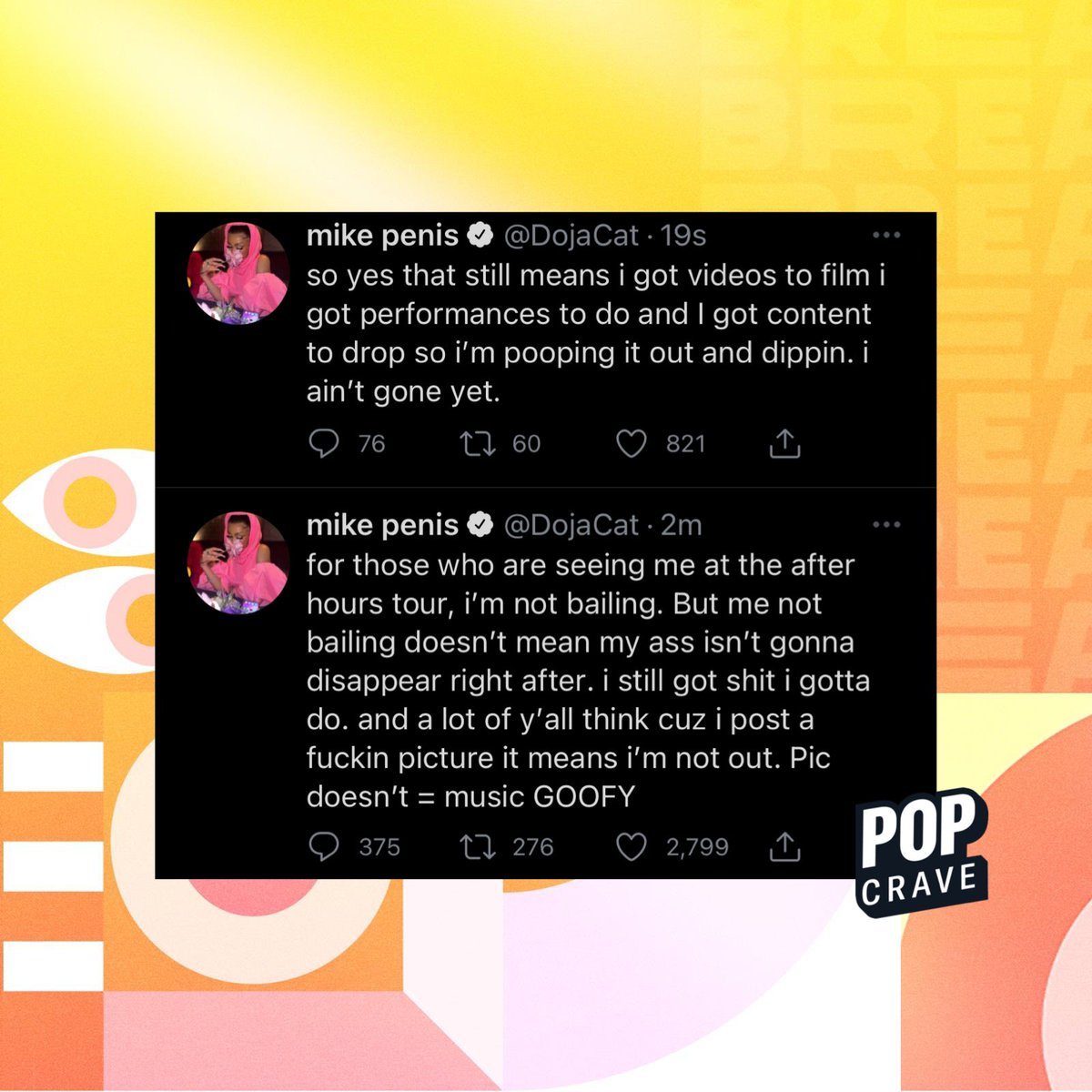 PopCrave's tweet photo. Doja Cat reaffirms fans that she will be quitting music following the completion of her upcoming obligations. https://t.co/6dFbzk6EU3