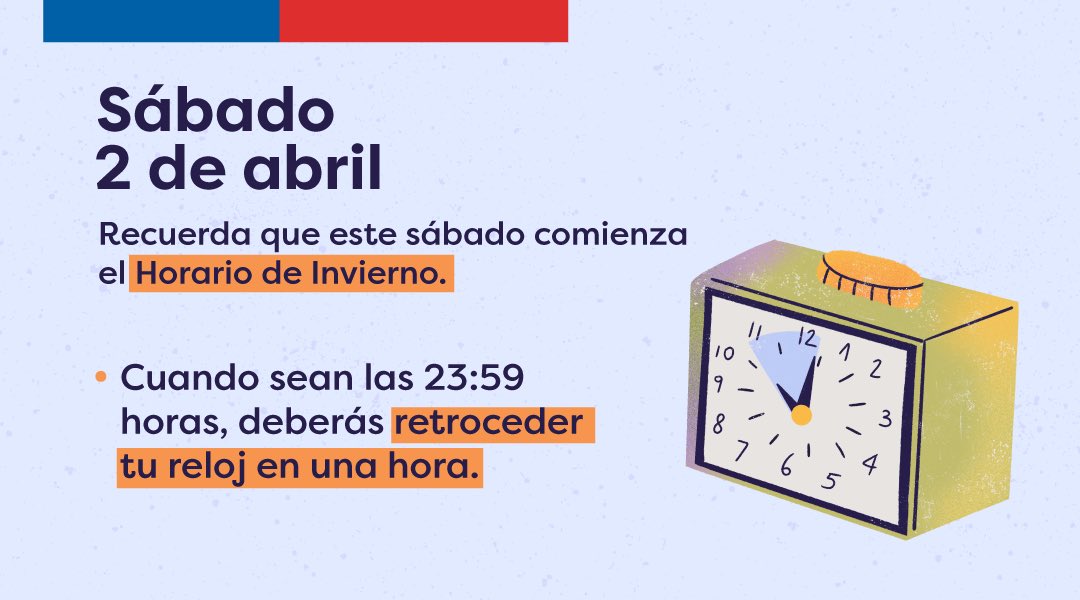 GobiernodeChile's tweet photo. No olvides que este sábado 2 de abril comienza el #HorarioDeInvierno ◀️🕚 Cuando sean las 23:59 hrs., debes retroceder tu reloj en una hora 😉 https://t.co/4Wbt4CgPZF