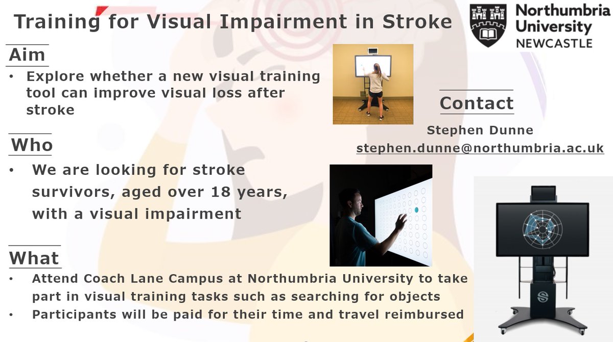 Are you a stroke survivor based in the North East of England with a visual impairment?
 
Take part in our study exploring a potential new visual rehabilitation tool

If you are interested, or know someone who might be, please contact the email below

#stroke #strokesurvivors