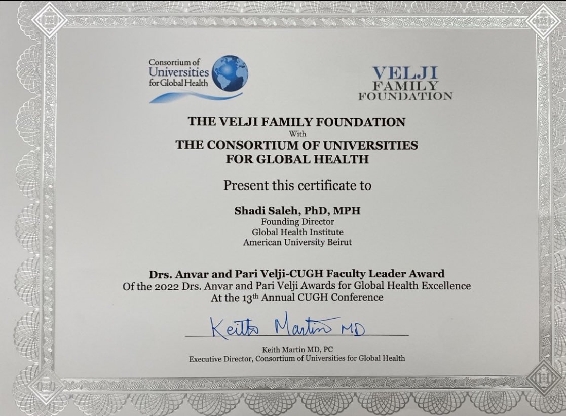 Shadi Saleh (@drshadisaleh) on Twitter photo A great honor to receive the CUGH-Velji Leadership Award for Global Health Excellence, esp for this year <a href="/CUGHnews/">CUGH</a>!
Dedicated to my wonderful and hardworking colleagues <a href="/ghiaub/">AUB Global Health Institute</a> <a href="/AUB_Lebanon/">American University of Beirut</a>
Looking forward to continue contributing to better global health 🌎 A great honor to receive the CUGH-Velji Leadership Award for Global Health Excellence, esp for this year <a href="/CUGHnews/">CUGH</a>!
Dedicated to my wonderful and hardworking colleagues <a href="/ghiaub/">AUB Global Health Institute</a> <a href="/AUB_Lebanon/">American University of Beirut</a>
Looking forward to continue contributing to better global health 🌎