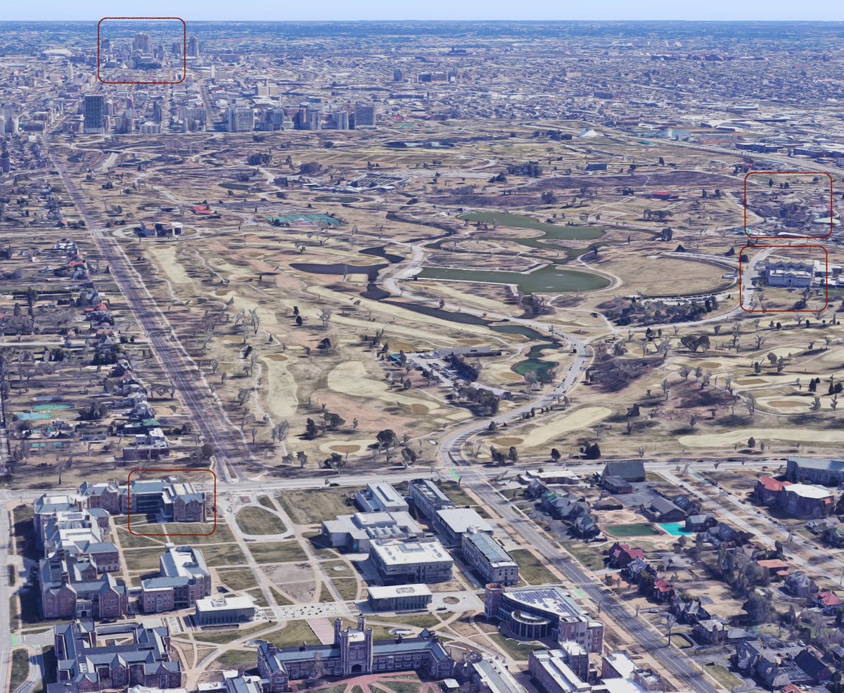 multimodal_lab's tweet photo. Here's a Google Maps capture looking the other direction. McKelvey Hall is in the bottom left. Forest Park is in the middle, with the art museum and zoo highlighted on the right. You can almost see the St. Louis Arch in the upper left. https://t.co/YEvM000Oy6