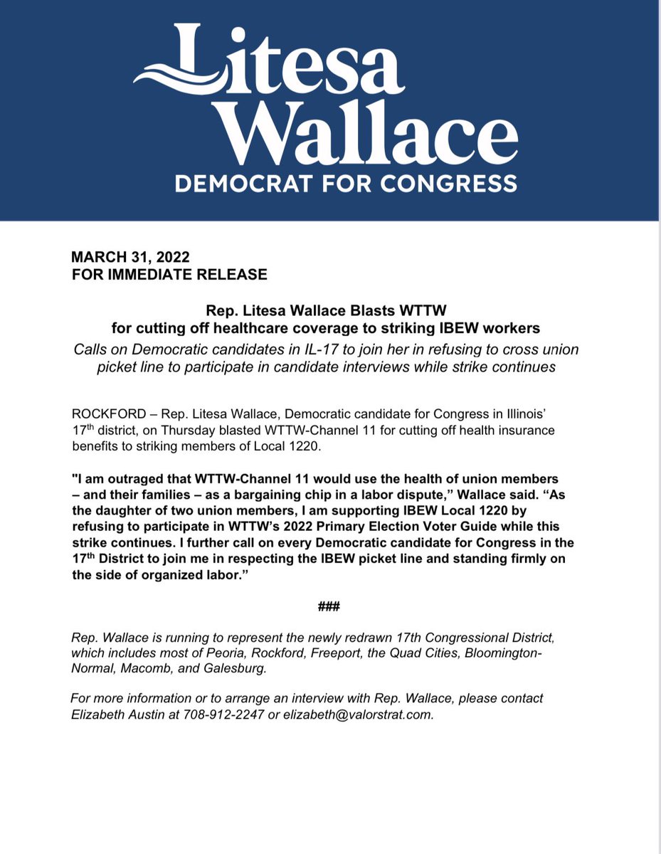 DrLite13's tweet photo. .@demsforillinois "I am outraged that WTTW-Channel 11 would use the health of union members – and their families – as a bargaining chip in a labor dispute. I call on every Democratic candidate for Congress in #IL17 to join me in respecting the  @window2workers picket line. https://t.co/9zEzYUDzea