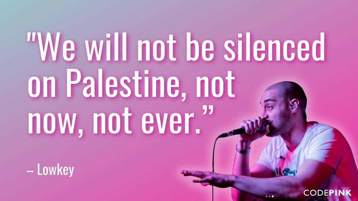codepink's tweet photo. Solidarity with @Lowkey0nline as he resists Israeli lobby groups' attempts to censor his art and activism by weaponizing Spotify against him. ✊🏾✊🏻✊🏿 https://t.co/uo5tBkhvbN