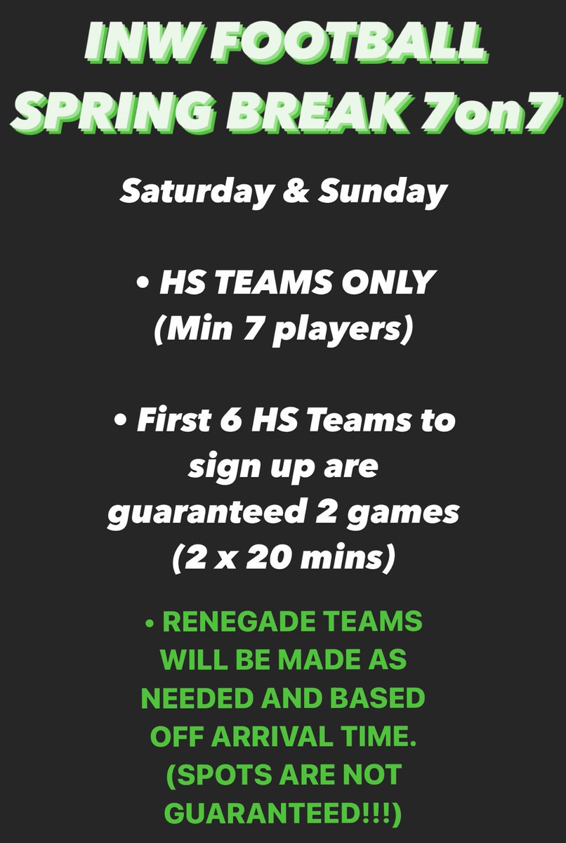 Spring Break 7on7

DM for more info

🔽🔽🔽🔽