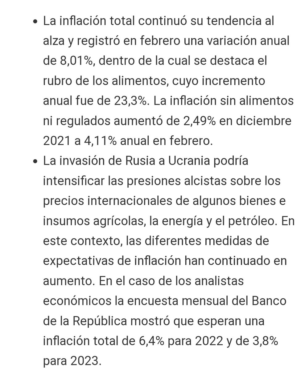 josejournaliste's tweet photo. En su reunión de marzo #JDBR de @BancoRepublica decidió incrementar en 100 puntos básicos la tasa de interés, quedando en 5,0%. Principal factor repunte de la inflación. https://t.co/T6dkQLoQuh