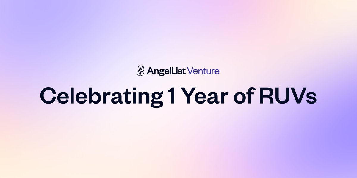 AngelList's tweet photo. Roll Up Vehicles (RUVs) turn 1 year old today!

To date, 1,100+ companies have used RUVs to raise from advisors, customers, and friends.

Let’s look back at what we’ve learned, what we’ve accomplished, and how we’ve helped founders. https://t.co/7Gj6sQxmBf