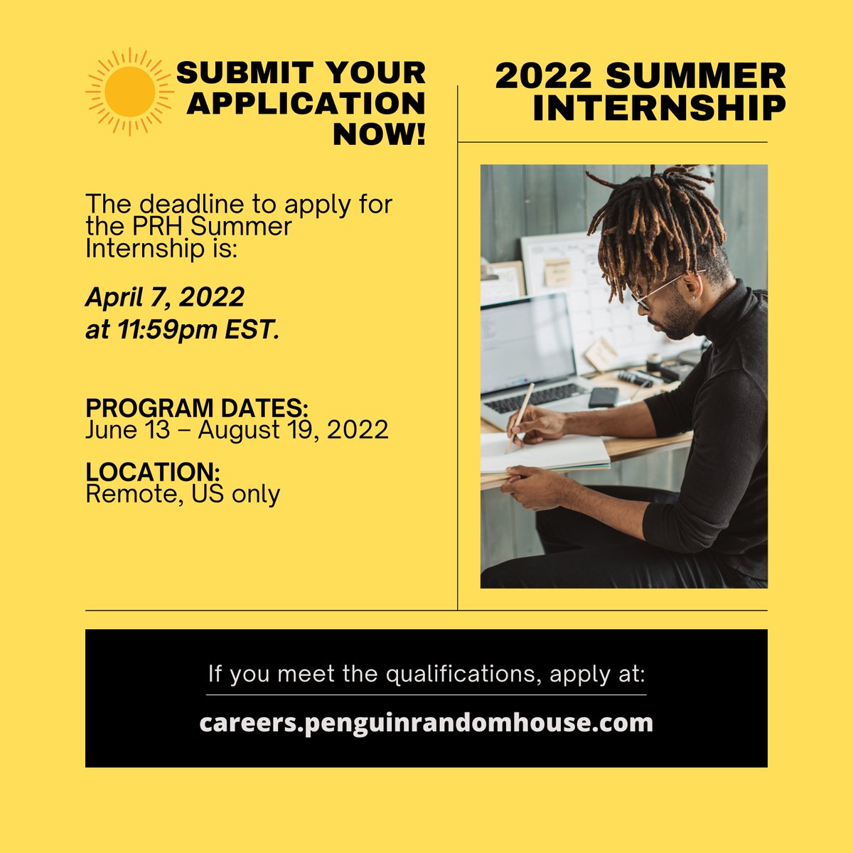 PRHCareersUS's tweet photo. Don't miss your chance to apply!

Applications for PRH's 2022 Summer Internship close on Thursday, April 7, just one week from today. 

https://t.co/GiRSI1oPnK https://t.co/RBqOYP8vRG