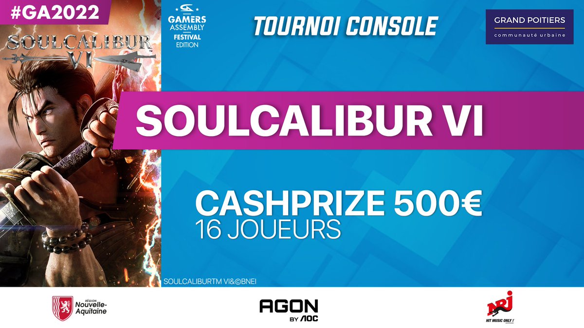 🏆 #GA2022 🥊Tekken7 x Soulcalibur VI⚔️
📅 Samedi 16 avril
📌 Poitiers
💰 1500€ &amp; 500€
⏱️ EarlyBird jusqu'au 03/04
📝Inscription: #Seul ou #Pass3D (T7 &amp; SCVI)
ga2022.gamers-assembly.net/billetterie

__
⚔️#SoulcaliburVI [10h-14h]
Check-in dès 8h
🥊#Tekken7 [15h-21h]
Check-in dès 13h