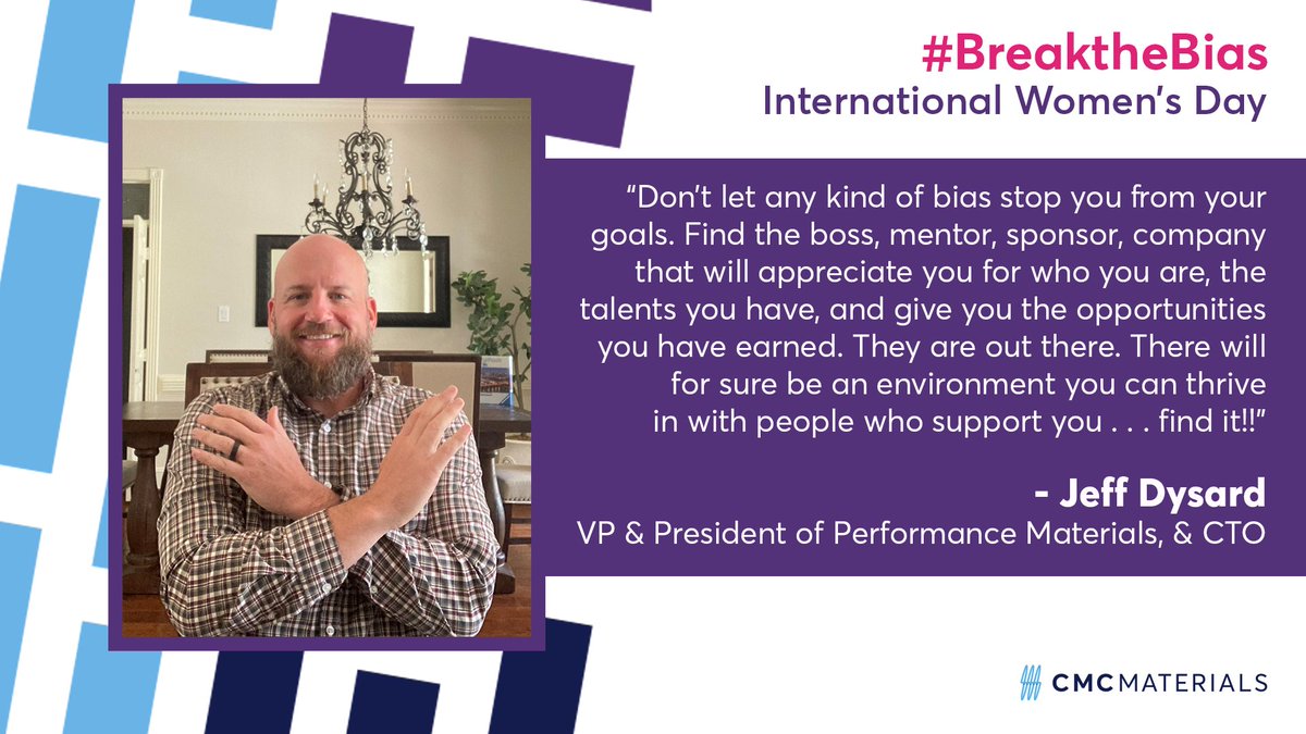 cmc_materials's tweet image. Jeff Dysard, CMC VP &amp;amp; Pres. of PM, &amp;amp; CTO based in Prairie View, TX, encourages us to #BreaktheBias by finding supportive people and seeking out the right environment in which we can thrive. bit.ly/3Dqu0NY
#iamcmc #GoFarTogether #IWD #IWD22 #DiversityinSTEM #WomeninSTEM