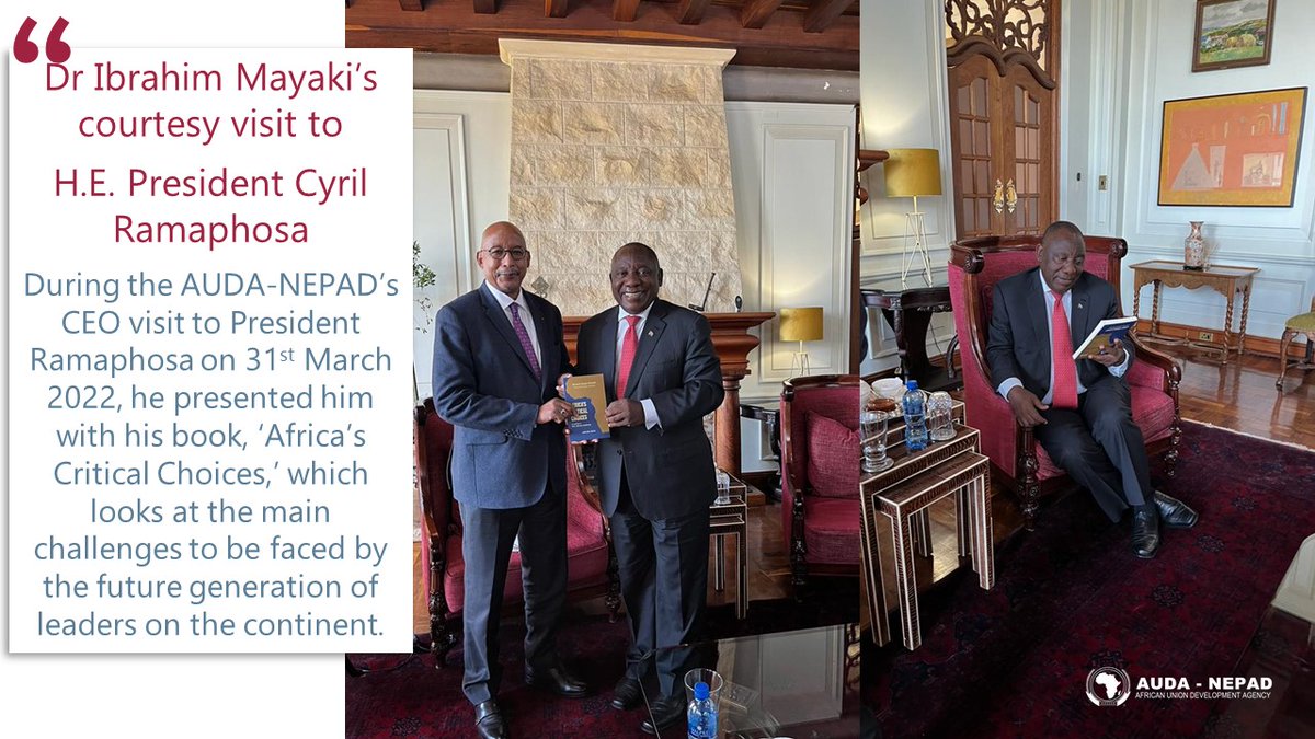 <a href="/NEPAD_Mayaki/">Ibrahim Mayaki</a> <a href="/CyrilRamaphosa/">Cyril Ramaphosa 🇿🇦</a> <a href="/PresidencyZA/">The Presidency 🇿🇦</a> During Dr Mayaki’s <a href="/NEPAD_Mayaki/">Ibrahim Mayaki</a> visit to President Ramaphosa <a href="/CyrilRamaphosa/">Cyril Ramaphosa 🇿🇦</a>  <a href="/PresidencyZA/">The Presidency 🇿🇦</a> on 31st March, he presented him with his book, ‘Africa’s Critical Choices,’ which looks at the main challenges to be faced by the future generation of leaders on the continent.
