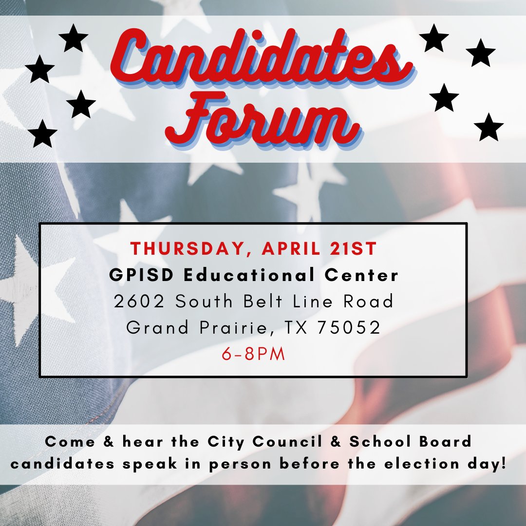 SAVE THE DATE!
4-21-22 at 6PM we will be hosting the Candidate Forum for City Council &amp; School Board Candidates. This is the perfect opportunity to learn more about those running for public office before the May election. See you there!!