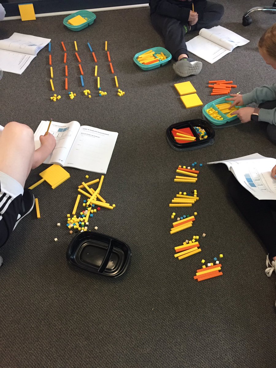 4th grade loved using base ten blocks to divide larger numbers. Ask your child how he/she decomposed blocks to make equal groups. @oakstreetmath @oakststories