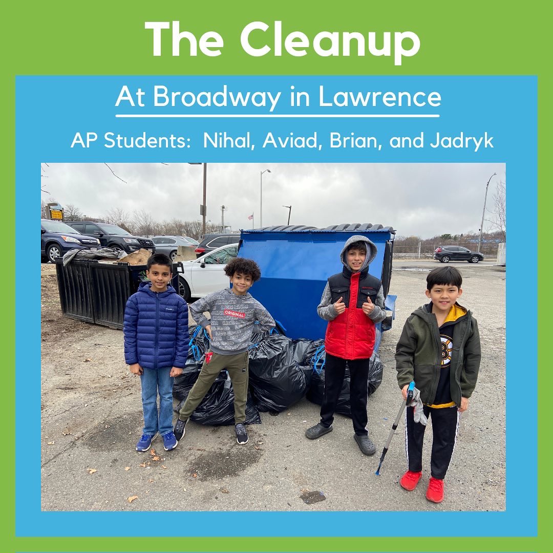 Last Saturday, four Andover fifth-graders, Aviad, Brian, Jadryk, and Nihal, cleaned up piles of trash that surrounded a homeless encampment on Broadway in Lawrence. They hope to inspire other AP groups to go to the site to continue cleaning up the trash. #lawrence
