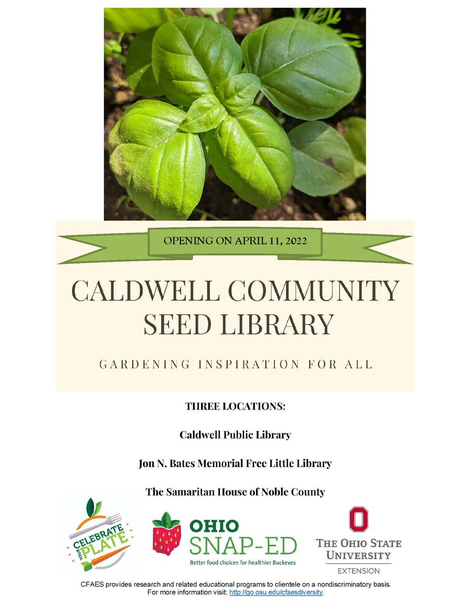 The 2022 Caldwell Community Seed Library will launch on April 11th and will feature over 220 varieties of seeds that can be successfully grown in our community! Come visit the seed libraries and contact OSU Extension for assistance planning your 2022 garden. #seedlibrary