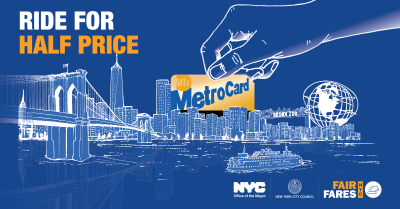 NYCHRA's tweet photo. Low-income New York City residents at or below the federal poverty level may qualify for a half-priced transit fare using a Fair Fares MetroCard. Check your eligibility at https://t.co/a5Ff8twgug or call 311 for more information.