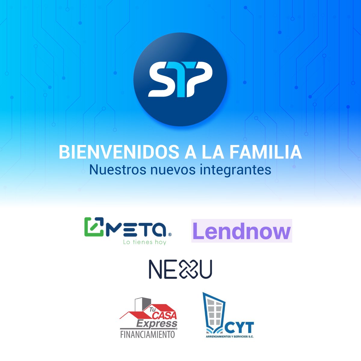 stpfintech's tweet photo. ¡Bienvenidos a la #familia_STP! 🤝💥

Seguimos apoyando la optimización de cobros y pagos por #SPEI y #CoDi de más de 1,500 empresas, ¡y vamos por más! 🚀

Nuestros nuevos integrantes:
@NexuMX, @tucasaexpressmx. 

#Fintech #SPEI #CoDi #Contactless #API https://t.co/xjTB7VeWji