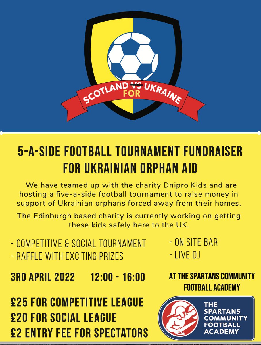 Spartans_CF's tweet image. This Sunday Scotland for Ukraine are raising money for @DniproKids hosting a 5-a-side tournament at The Academy. April 03rd 12.00-16.00pm. All welcome. #hereforgood #dniproKids 👇