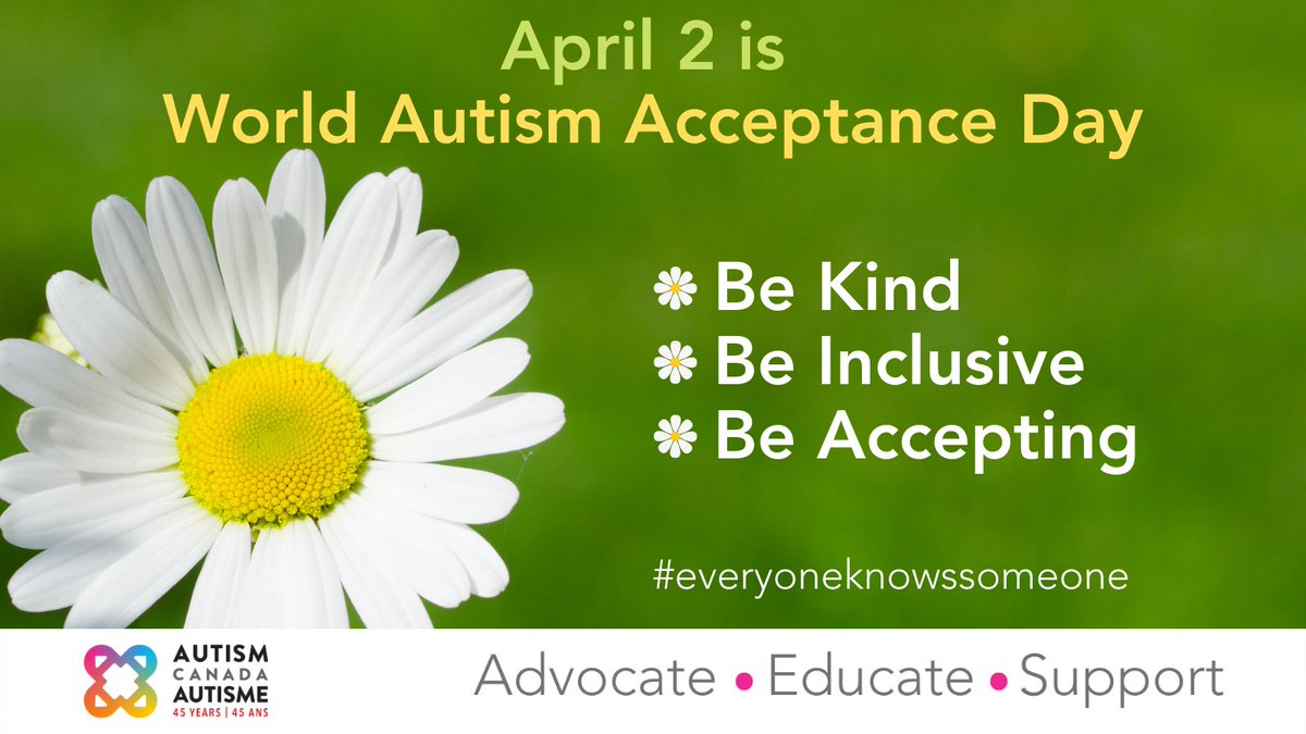 WORLD AUTISM ACCEPTANCE DAY

April 2 is World Autism Acceptance Day, a day to recognize &amp; spread awareness about autism &amp; the autism community.

Take some time to learn more about autism: autismcanada.org

Be accepting, be inclusive, and be kind.

#waad #autismacceptance