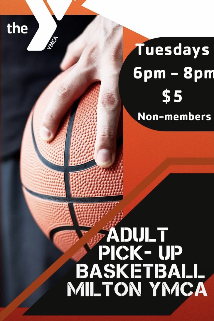 Adult pickup basketball coming to the Milton YMCA starting in April. Every Tuesday from 6:00-8:00pm.