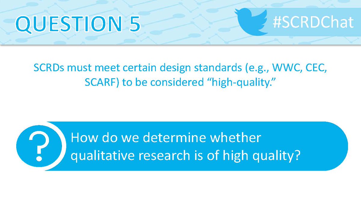 Q5: SCRDs must meet certain design standards (e.g., WWC, CEC, SCARF) to be considered 'high-quality.'

How do we determine whether qualitative research is of high quality?

#SCRDChat
