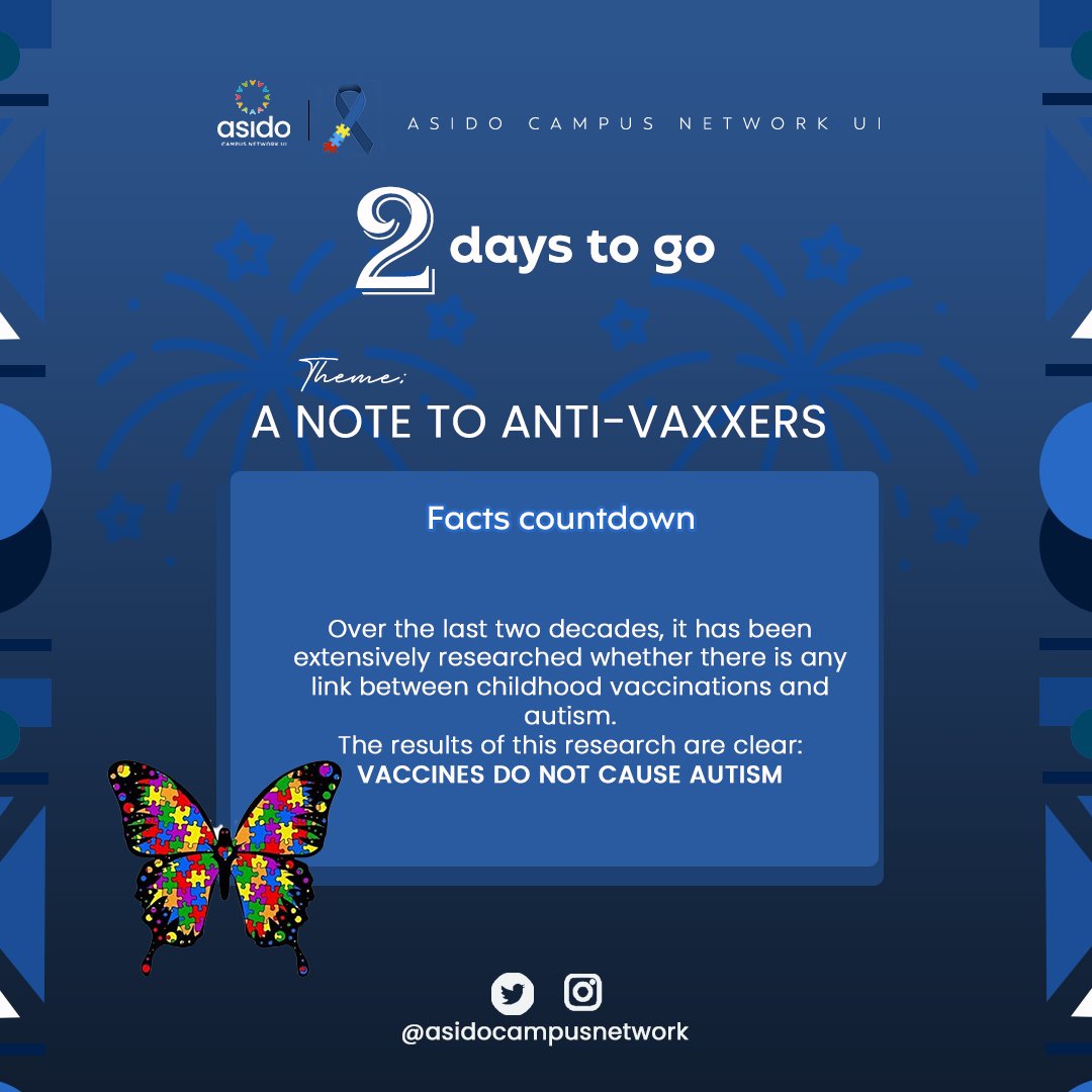 asidocampusnet's tweet photo. It's a hill anti-vaxxers are willing to die on but we only roll with scientifically proven claims over here
Vaccination doesn't cause autism. Periodt.
Our Blue Bake Sale is in two dayssss!
We can't wait to host you 🤗
#AutismAwareness
#BlueBakeSale
#Asido
#LightItUpBlue https://t.co/TynGKTAXpf