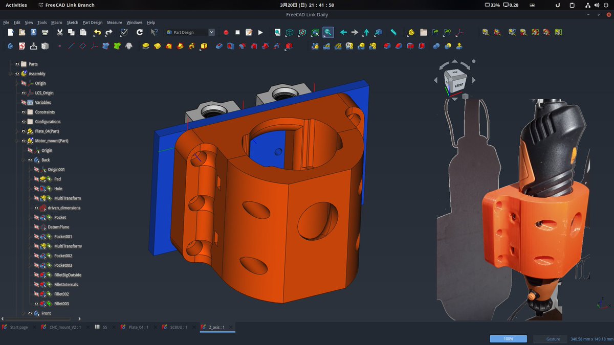 FreeCADNews's tweet photo. #FreeCAD #Showcase #LinkStage3/#LinkDaily
User 'hasecilu' shares they're work on a mount for a moto-tool.
#MadeWithFreeCAD #fc3d #FLOSS #FOSS #OpenSource #CAD #MCAD #3DCAD https://t.co/aIE6PQHxu7