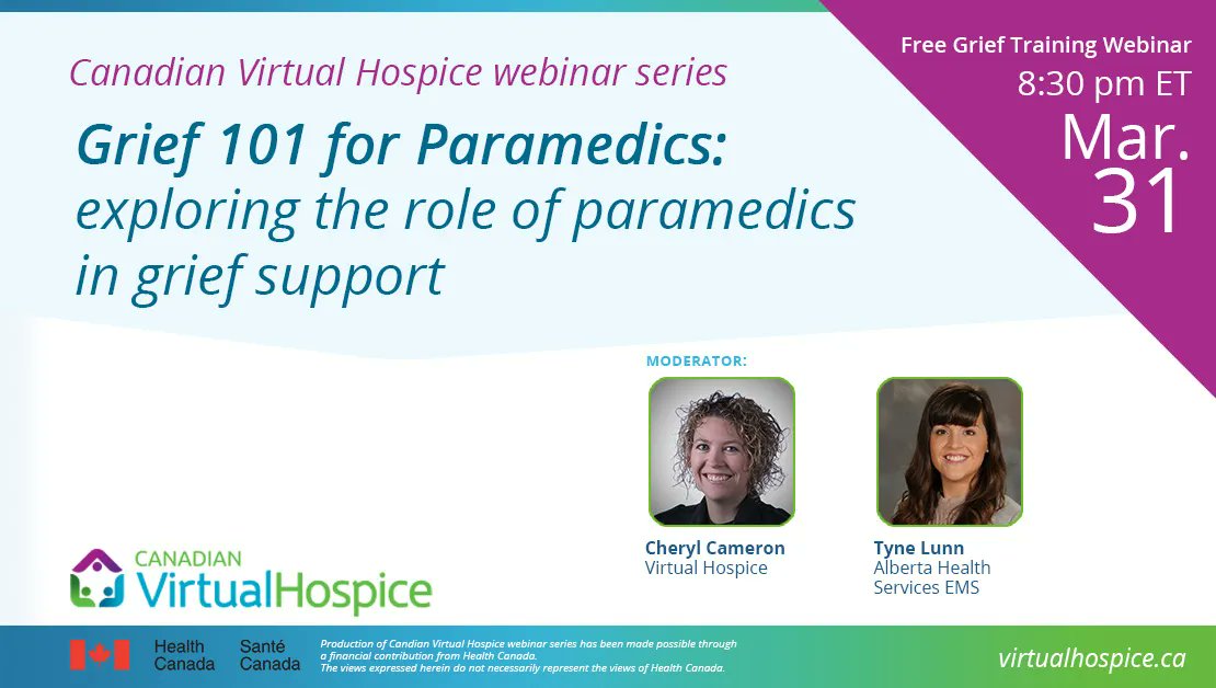 VirtualHospice's tweet photo. WEBINAR HAPPENING NOW on Grief 101 for Paramedics: exploring the role of #paramedics in #grief support with moderator Cheryl Cameron @cherylcookie21 and Advanced Care Paramedic Tyne Lunn @Tyne_River. Join us: https://t.co/kEJRDNACzc #mygrieftoolbox https://t.co/FFMqiZ7cwF