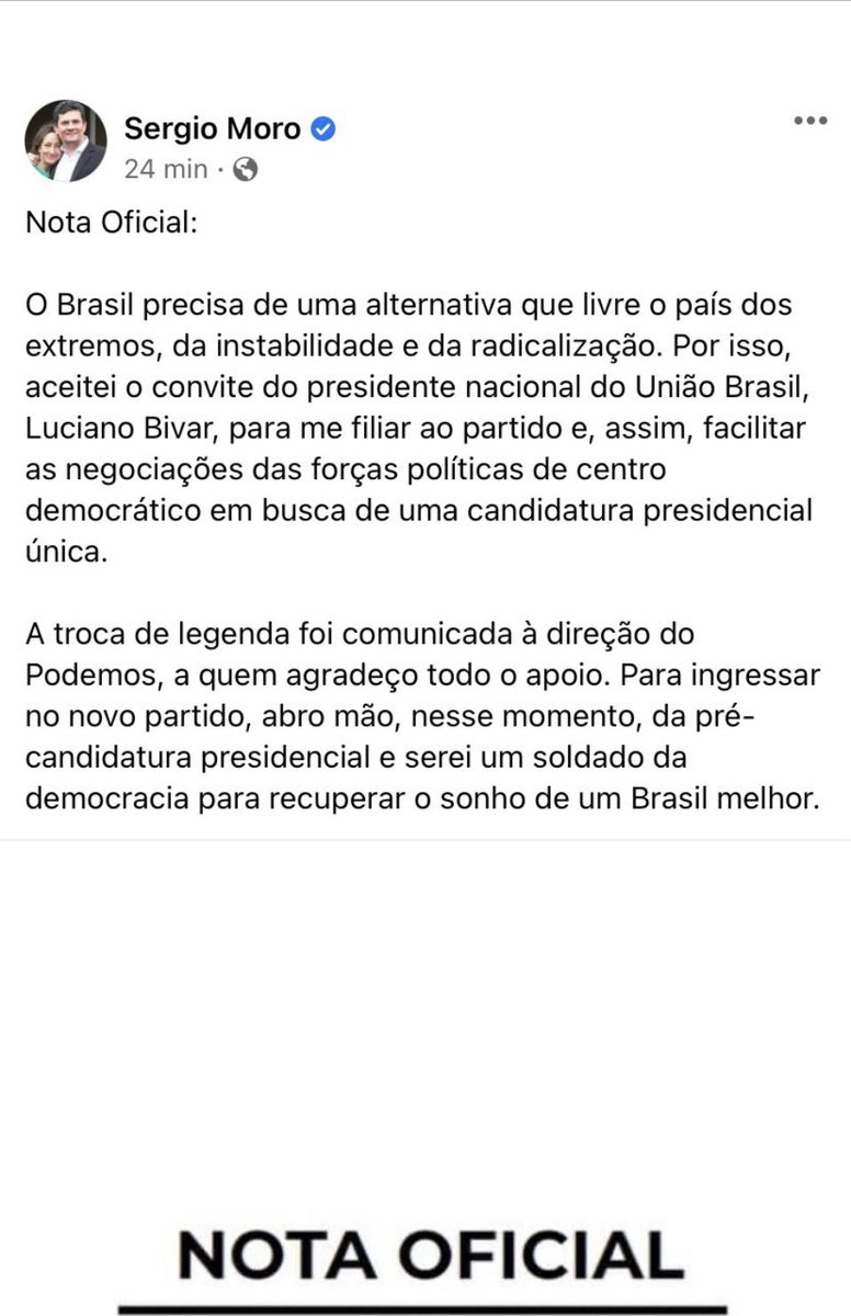 somosindepend's tweet photo. Nota Oficial de @SF_Moro sobre abrir mão no momento da pré candidatura, em nome da democracia, de um Brasil melhor. Um gesto nobre que nos faz resgatar a esperança de que há quem se importe com o País, acima da ganância por poder. Acreditamos ainda que não se trata de desistência https://t.co/ppT4ov8XJG