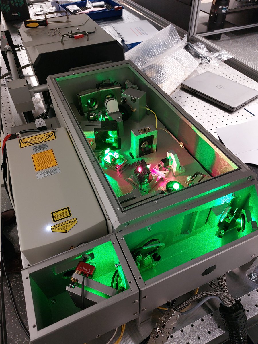 JonasNilsBecker's tweet photo. This week's fun project: maneuvering a 550lbs laser onto an optical table and making it do its thing...#quodlab https://t.co/bZaEDjBnBJ