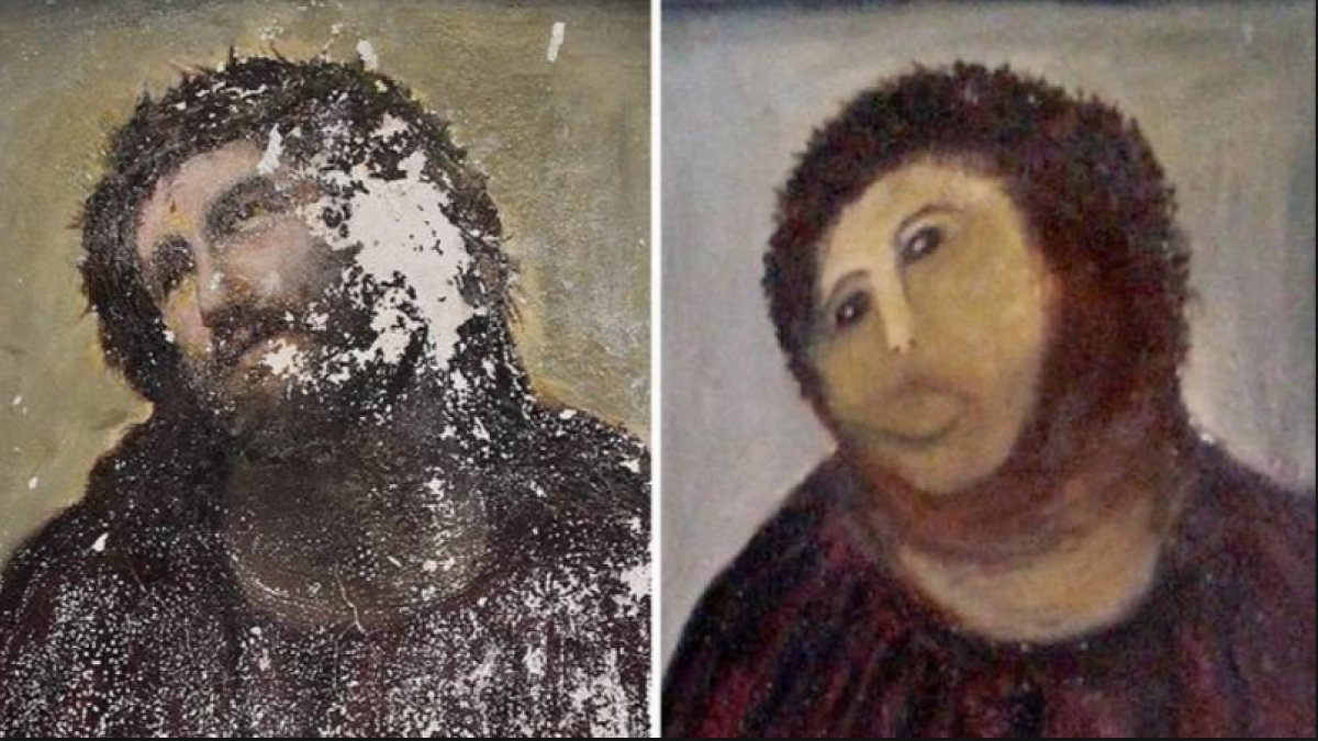 jlarabayon's tweet photo. Todos recuerdan el sonado caso de la "restauración" del Ecce Homo de Borja, en España, en que el retoque a una pintura del siglo XIX creó un monstruo. 

Allá, donde sí cuidan su patrimonio, fue un escándalo. En México esto pasa todos los días. Les cuento el caso de hoy. https://t.co/YZj91ULIuR