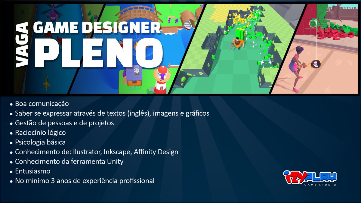 izyplay's tweet photo. Você gosta de criar game concepts e projetar a experiência do jogador? Tem facilidade de gerenciar projetos? Faça parte de nossa equipe!
Cadastre-se: https://t.co/gR0d5Lw5V1 https://t.co/kbvWHsC5xc