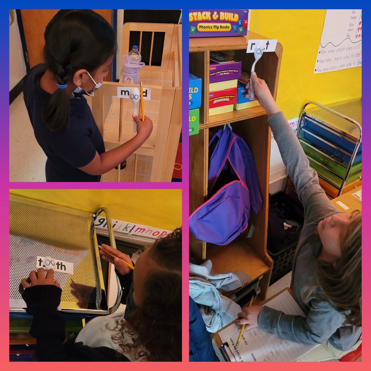 Students spent today spooning their way around the room. On their exploration they sorted words into the categories for the two sounds of oo.