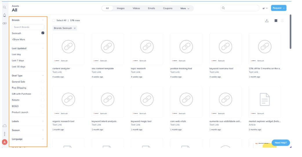 SemrushAP's tweet image. Impact has recently updated its Ads page. Here&apos;s a quick guide on how to find Semrush promo materials: 

The navigation part was moved to the left corner of the page. You can now filter assets by “Last Uploaded”, “Labels”, “Deeplinking”, “Language”, etc.