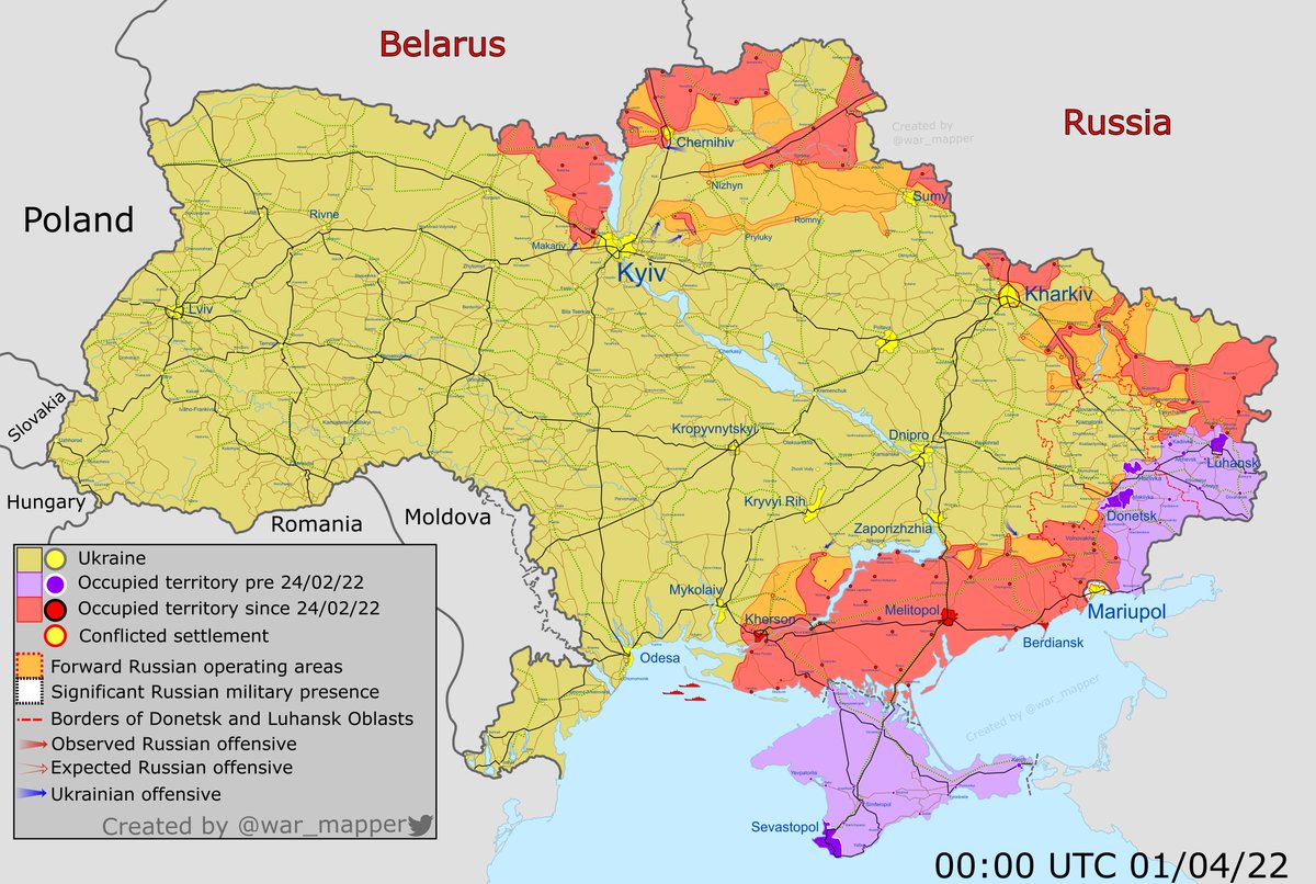 Карта боевых действий: Карта боевых действий. Украина 1 апреля 2022 год