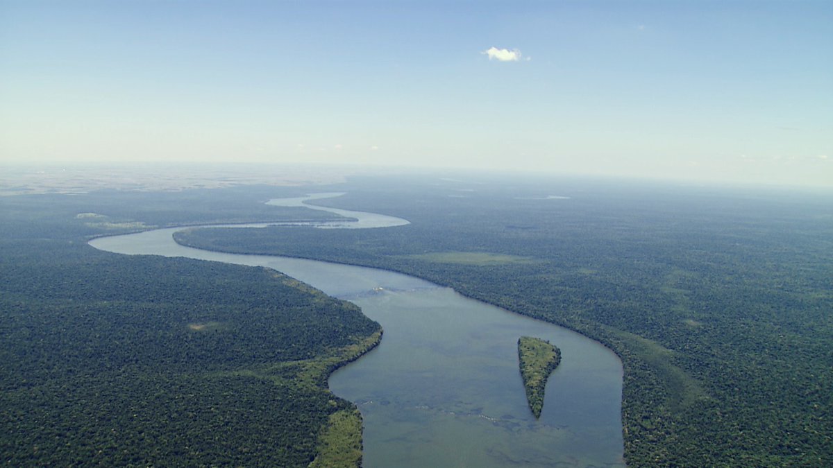 これは「イグアスの滝」に注ぎこむ大河・イグアス川。川幅は、広いところでは３キロ以上！ 平原をゆったりと流れます。周りは、うっ蒼とした熱帯雨林です。