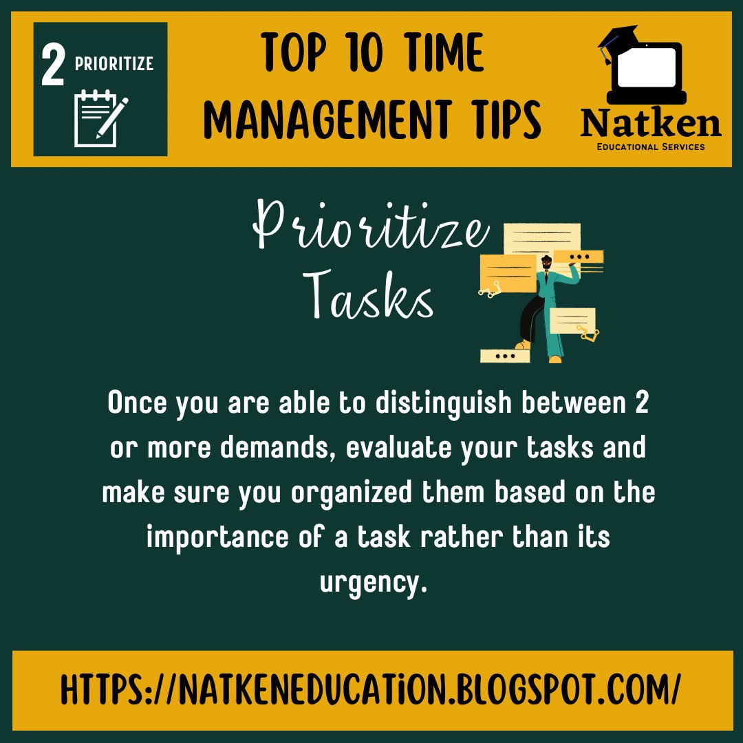 NatkenEducation's tweet photo. When it comes to time management, you must learn to prioritize your tasks that are more important!
#timemanagement #Natken https://t.co/LGChSVKYqT