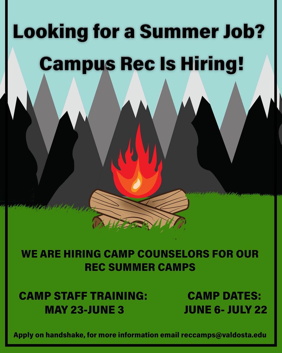 Do you love working with kids? Are you looking for a way to have fun and make money this summer? Look no further! Campus Rec is hiring camp counselors. Apply on handshake today! 🏕☀️🌊