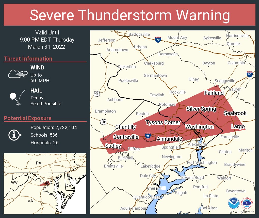 This graphic displays a severe thunderstorm warning plotted on a map. The warning is in effect until 9:00 PM EDT. The warning includes Washington DC, Arlington VA, Silver Spring MD. The threats associated with this warning are wind gusts up to 60 MPH and penny sized hail. There are 2,722,104 people in the warning along with 536 schools and 26 hospitals.