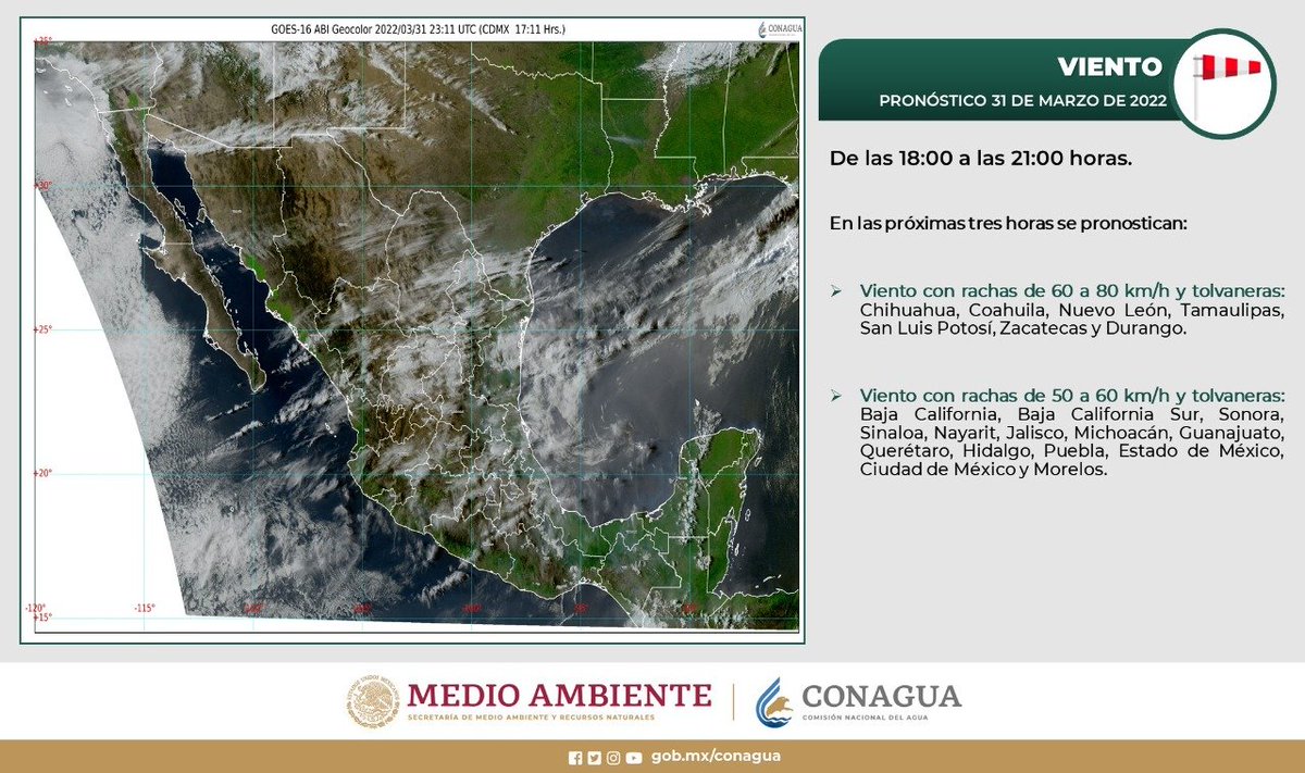 conagua_clima's tweet photo. ⚠️💨Durante esta tarde y noche, se podrían registrar #Vientos fuertes y tolvaneras en diversas entidades del territorio nacional. Para obtener mayor información revisa la siguiente imagen ⬇️ https://t.co/sONVGFVWIu