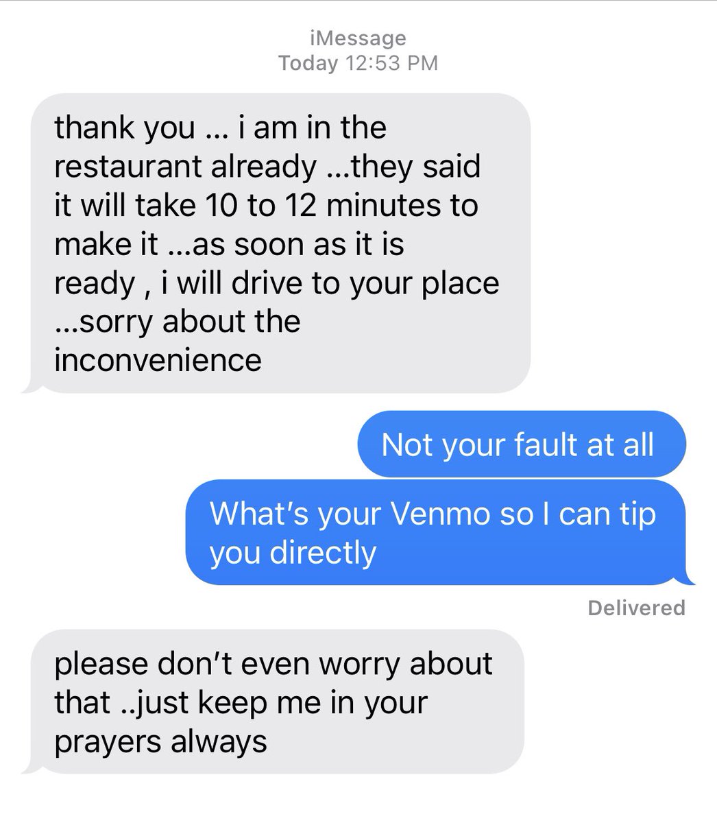 davidsonpoint's tweet photo. Pray for my Postmates delivery guy y’all.  Nothings wrong with him he just went back to pick up half my order that the restaurant forgot https://t.co/1KNtwZxIxP
