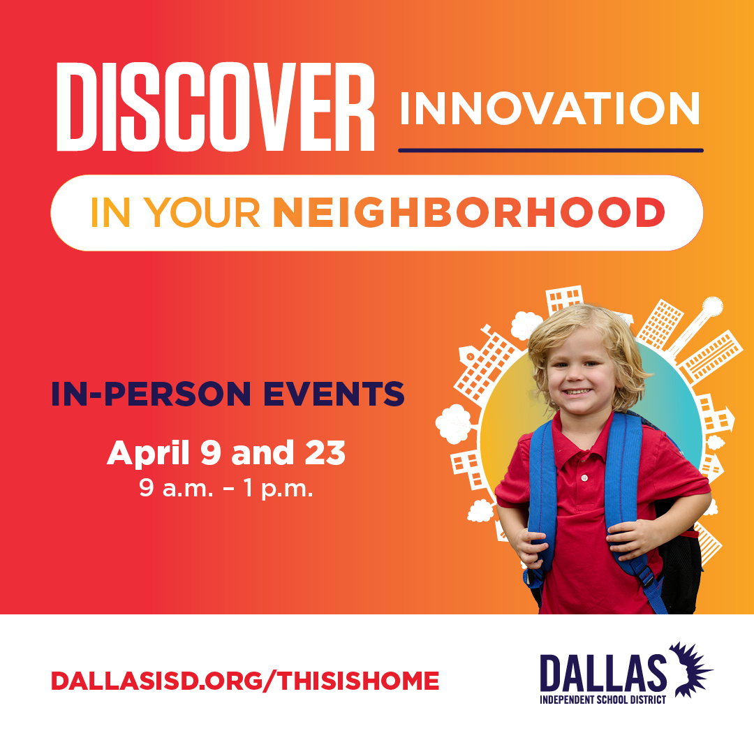 dallasschools's tweet photo. Dallas ISD neighborhood schools are home to innovation, championship athletics,
fine arts, dual language, extracurricular activities, diversity, and so much more! Come and discover more about our schools on Saturday, April 9, or 23. ➡️https://t.co/MWNiylNVJK
#DallasISDIsHome https://t.co/IVLQ884SzK