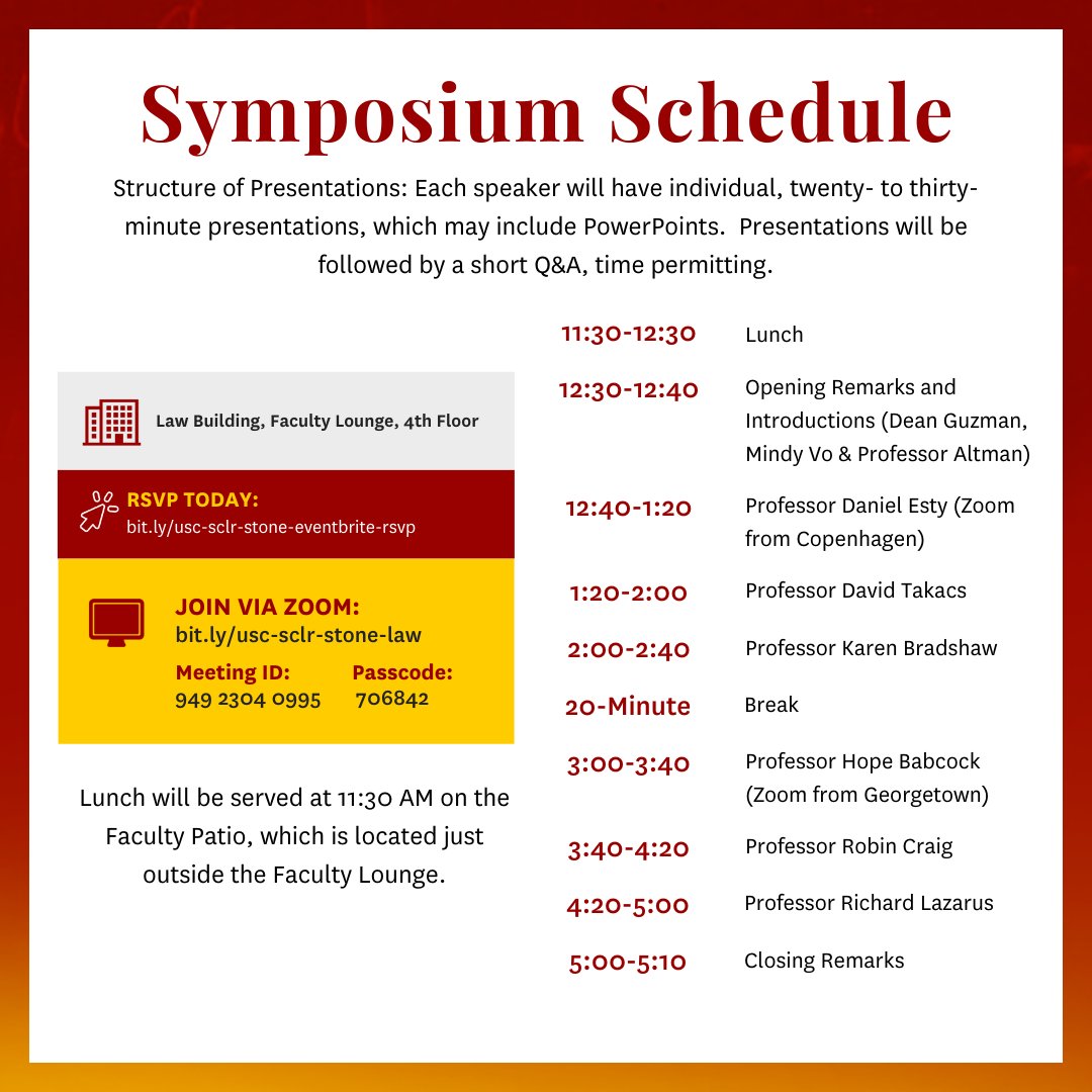 Tomorrow is the day - check out the schedule for the 2022 Chris Stone Symposium on Environmental Law! RSVP today at bit.ly/usc-sclr-stone…. Can't make it in person? Join us via Zoom at bit.ly/usc-sclr-stone…. See you tomorrow at 12 PM!