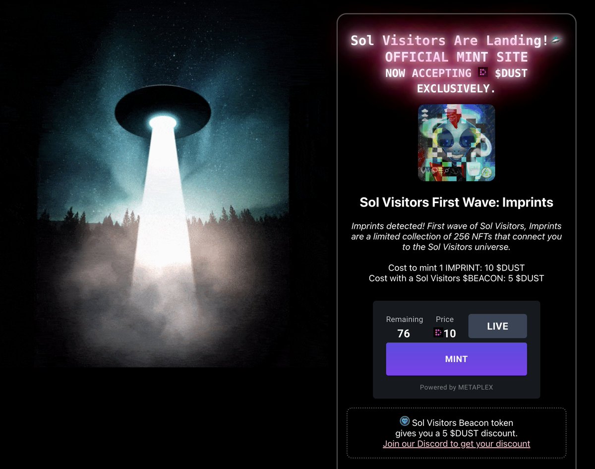 SolVisitors's tweet photo. The Sol Visitors IMPRINT mint is now accepting $DUST exclusively for the remaining NFTs.  76 / 256 remaining.

Cost: 10 $DUST

https://t.co/HCWxRJDeDp

If you hold a OG Sol Visitors $BEACON token (request in Discord) cost is 5 $DUST.

@DeGodsNFT @DeGodsCommunity #DeadGodsWeek https://t.co/XeI6yCTjCh