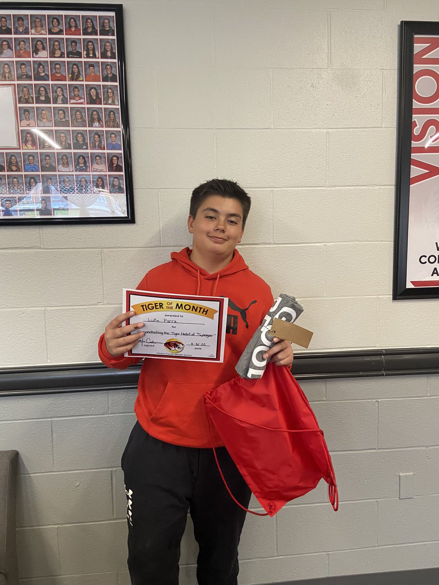 MrsCurran_CCMS's tweet photo. Congratulations to our March students of the month! They were nominated based on this months Tiger Habit “Synergize”. 8th grade: Rocco Zimmerman, 7th grade: Luke Parra, 6th grade: Katie Middlebrook. @CCMSTigers #TigerLegacy https://t.co/kLpzVNlYon